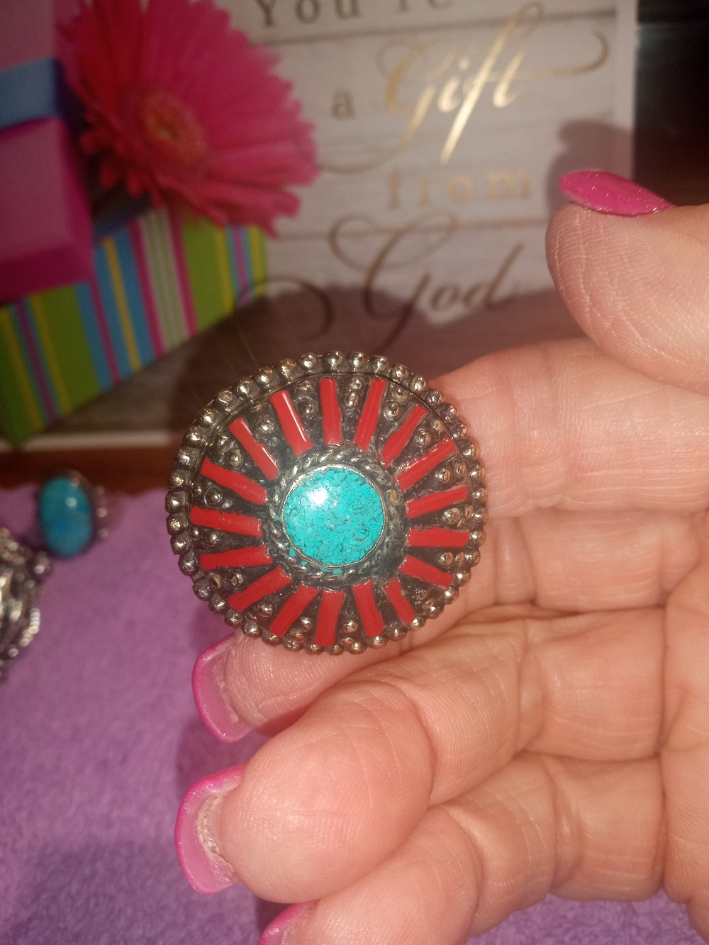 Bold Turquoise & Red Statement Ring - Women Jewelry - Picture 2 of 4
